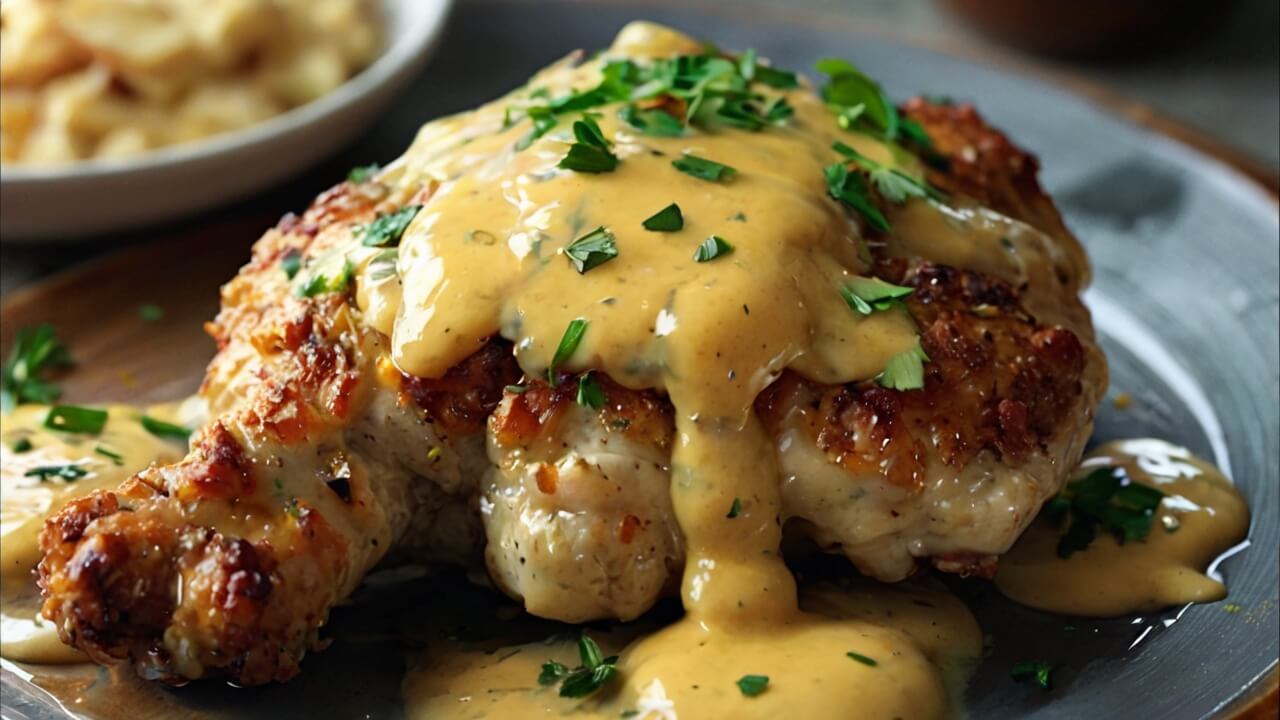 Pretzel Chicken with Mustard Cheddar Sauce Recipe