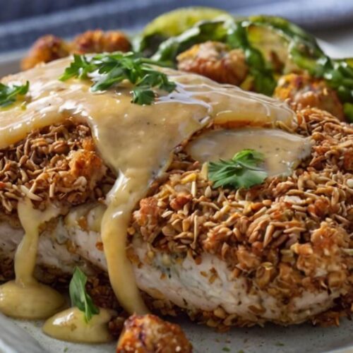 Pretzel Crusted Chicken with Mustard Cheddar Sauce Recipe