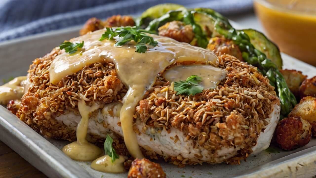 Pretzel Crusted Chicken with Mustard Cheddar Sauce Recipe