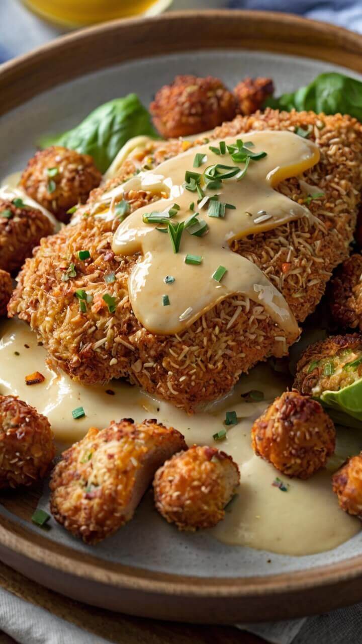 Pretzel Crusted Chicken with Mustard Cheddar Sauce
